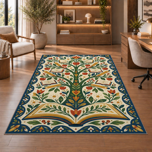Tree of Books Folk Art area rug in a study with an armchair and bookshelves