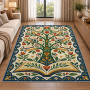 Tree of Books Folk Art area rug in a living room beside a sofa