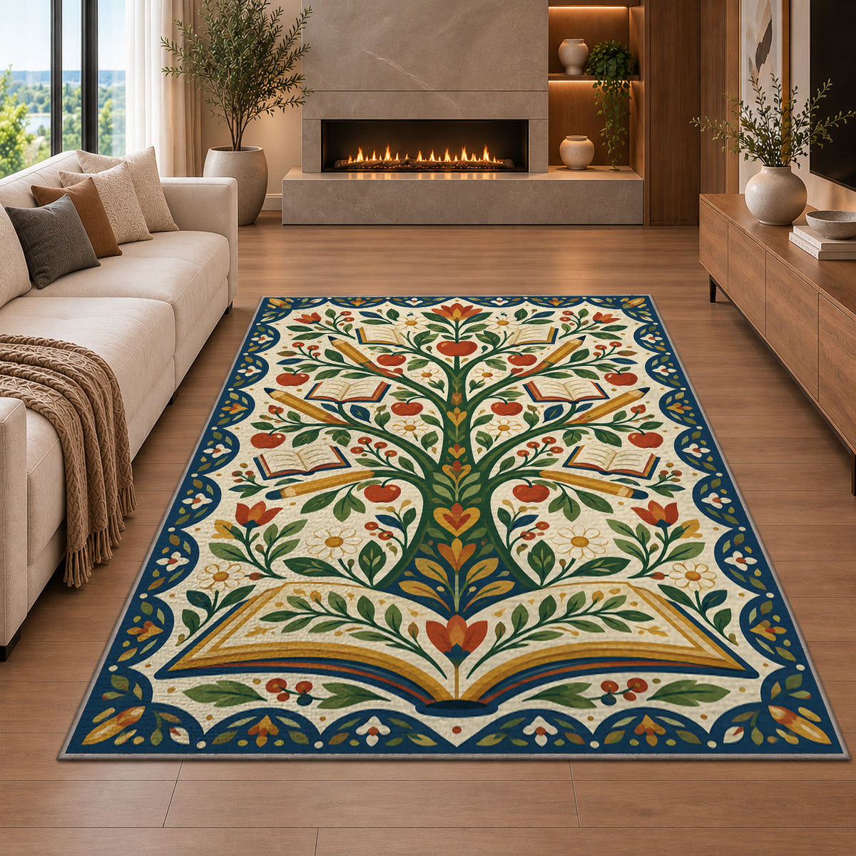 Tree of Books Folk Art area rug in a living room with a fireplace