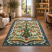 Tree of Books Folk Art area rug in a home office beside a desk