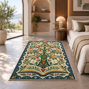 Tree of Books Folk Art area rug in a bedroom with an arched window