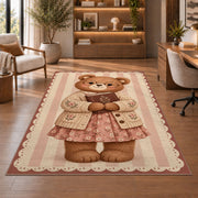 Teddy Bear Reading Book area rug in a study with an armchair and bookshelves