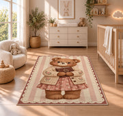 Teddy Bear Reading Book area rug in a nursery beside a crib
