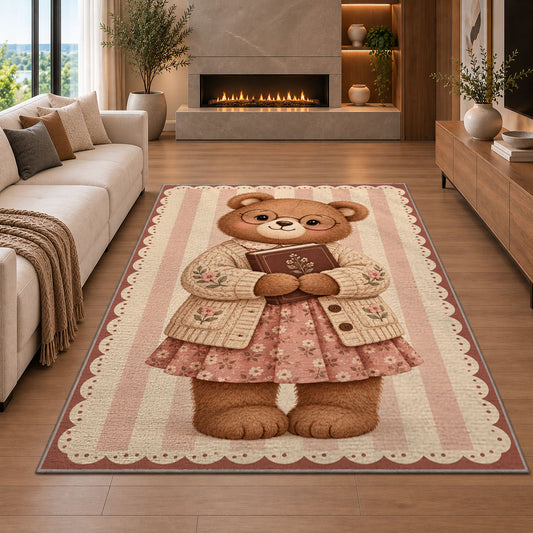 Teddy Bear Reading Book area rug in a living room with a fireplace