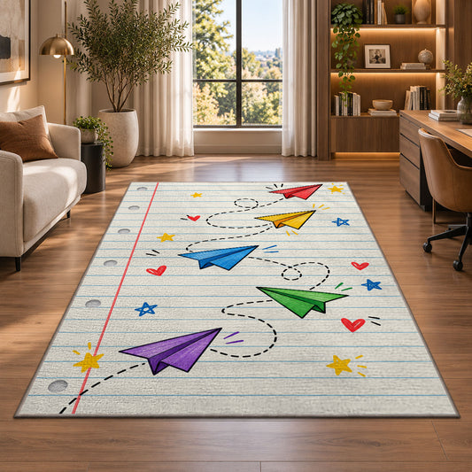 Paper Planes on Notebook Paper area rug in a home office beside a desk