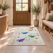 Paper Planes on Notebook Paper area rug in an entryway