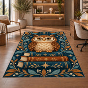 Owl on Stack of Books area rug in a study with an armchair and bookshelves