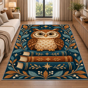 Owl on Stack of Books area rug in a living room beside a sofa