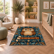 Owl on Stack of Books area rug in a nursery with a crib and armchair
