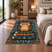 Owl on Stack of Books area rug in a bedroom beside the bed