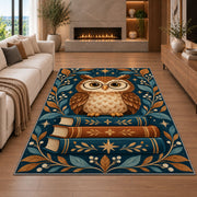 Owl on Stack of Books area rug in a living room with a fireplace