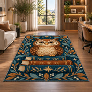 Owl on Stack of Books area rug in a home office beside a desk