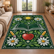 Chalkboard Apple and Daisies area rug in a living room beside a sofa