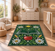 Chalkboard Apple and Daisies area rug in a nursery beside a crib