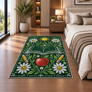 Chalkboard Apple and Daisies area rug in a bedroom beside the bed