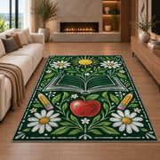 Chalkboard Apple and Daisies area rug in a living room with a fireplace