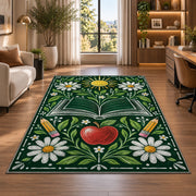 Chalkboard Apple and Daisies area rug in a home office beside a desk