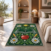 Chalkboard Apple and Daisies area rug in a bedroom with an arched window