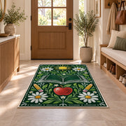 Chalkboard Apple and Daisies area rug in an entryway