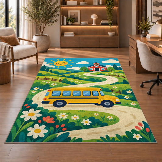 Yellow School Bus on Country Road area rug in a study with an armchair and bookshelves