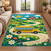 Yellow School Bus on Country Road area rug in a living room beside a sofa
