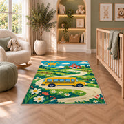 Yellow School Bus on Country Road area rug in a nursery with a crib and armchair