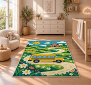 Yellow School Bus on Country Road area rug in a nursery beside a crib