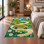 Yellow School Bus on Country Road area rug in a bedroom beside the bed