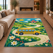 Yellow School Bus on Country Road area rug in a living room with a fireplace