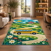 Yellow School Bus on Country Road area rug in a home office beside a desk