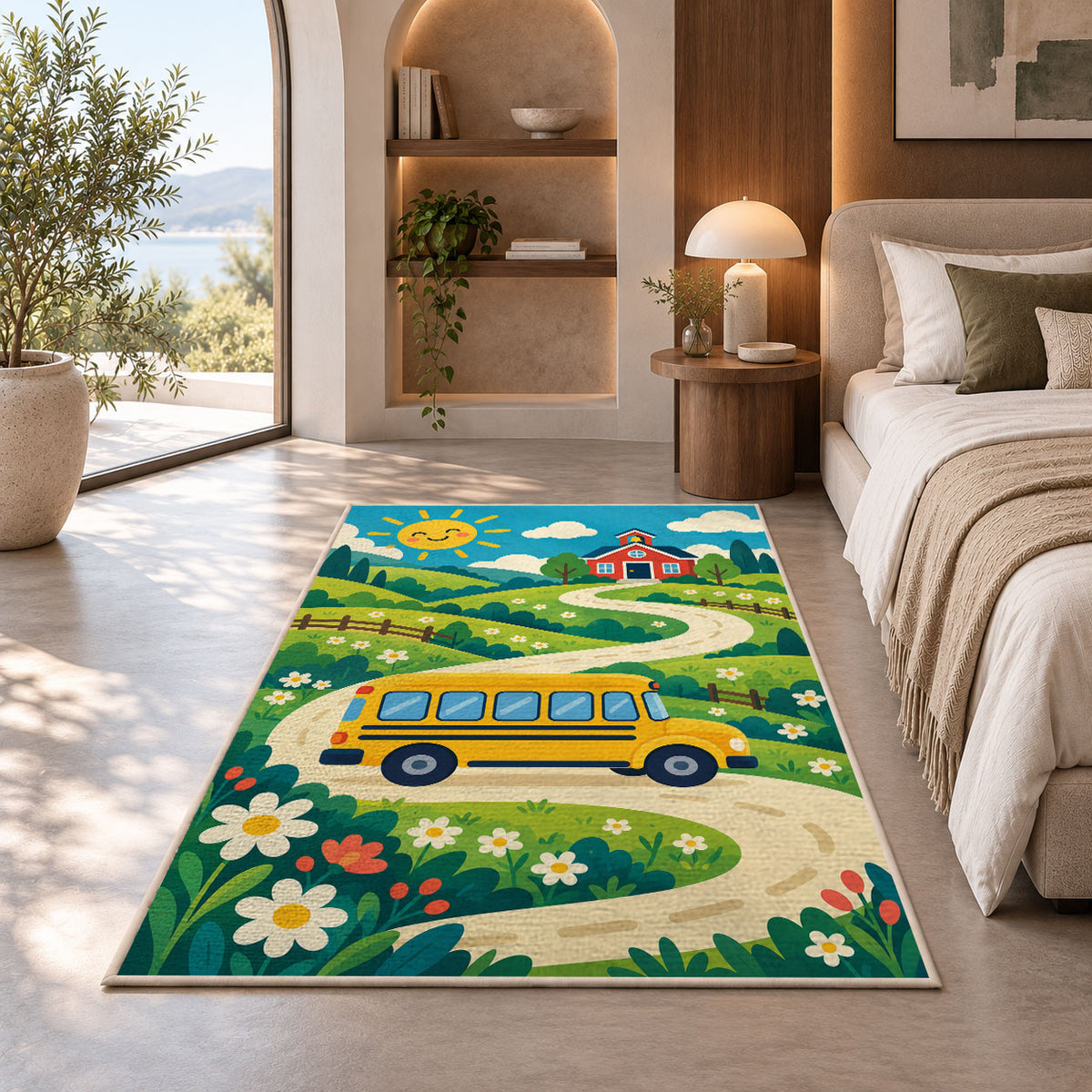 Yellow School Bus on Country Road area rug in a bedroom with an arched window