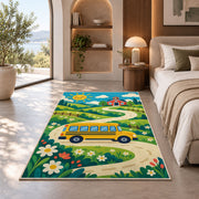 Yellow School Bus on Country Road area rug in a bedroom with an arched window