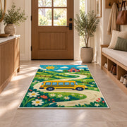 Yellow School Bus on Country Road area rug in an entryway
