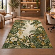 Tiger in Tropical Leaves tiger rug in a study with an armchair and bookshelves