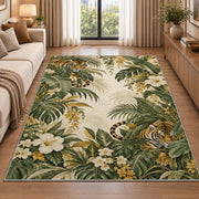Tiger in Tropical Leaves tiger rug in a living room beside a sofa