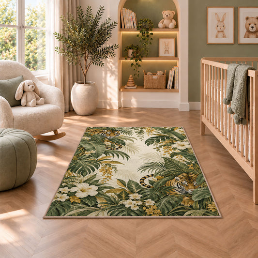 Tiger in Tropical Leaves tiger rug in a nursery with a crib and armchair