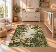 Tiger in Tropical Leaves tiger rug in a nursery beside a crib