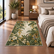 Tiger in Tropical Leaves tiger rug in a bedroom beside the bed