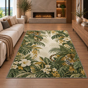 Tiger in Tropical Leaves tiger rug in a living room with a fireplace