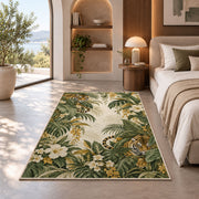 Tiger in Tropical Leaves tiger rug in a bedroom with an arched window