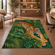 Tiger Resting on Jungle Leaves tiger rug in a study with an armchair and bookshelves
