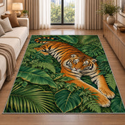 Tiger Resting on Jungle Leaves tiger rug in a living room beside a sofa
