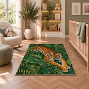 Tiger Resting on Jungle Leaves tiger rug in a nursery with a crib and armchair