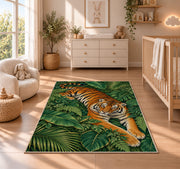 Tiger Resting on Jungle Leaves tiger rug in a nursery beside a crib