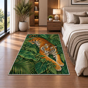 Tiger Resting on Jungle Leaves tiger rug in a bedroom beside the bed