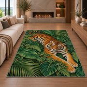 Tiger Resting on Jungle Leaves tiger rug in a living room with a fireplace