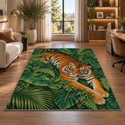 Tiger Resting on Jungle Leaves tiger rug in a home office beside a desk