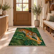 Tiger Resting on Jungle Leaves tiger rug in an entryway