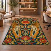 Twin Tigers Folk Art tiger rug in a study with an armchair and bookshelves
