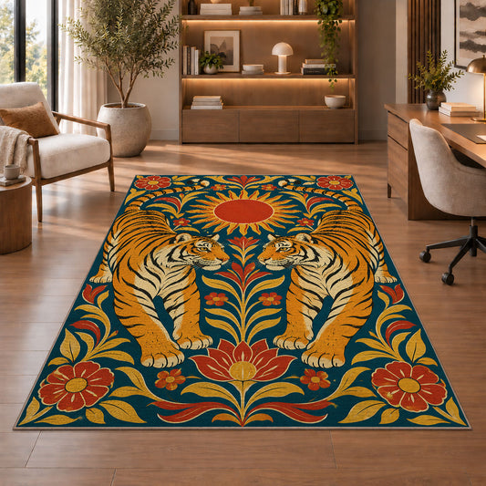 Twin Tigers Folk Art tiger rug in a study with an armchair and bookshelves